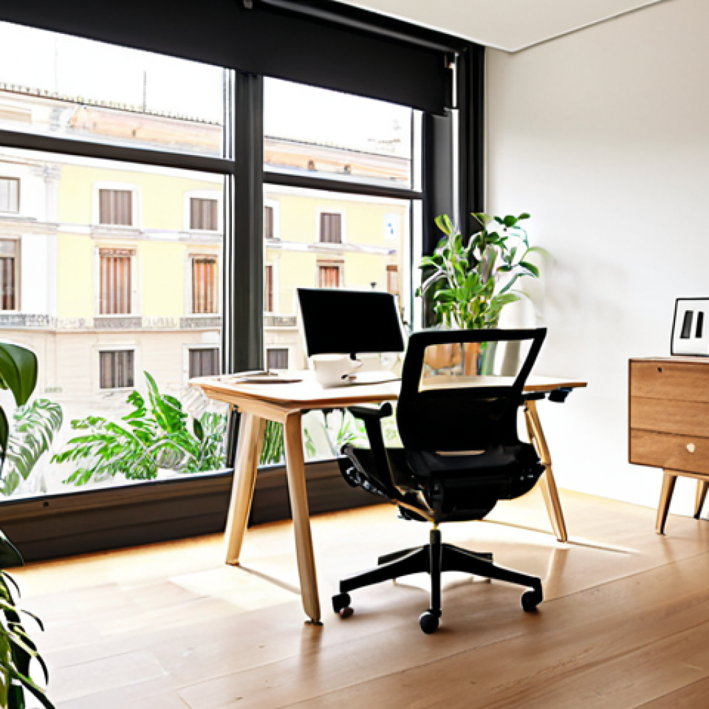 **

"Bright, modern ergonomic office space. Adjustable desk, ergonomic chair, natural light, plants. Focus on well-being and productivity. Italian style."

**