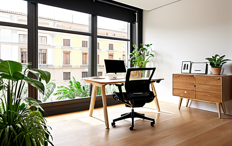 **

"Bright, modern ergonomic office space. Adjustable desk, ergonomic chair, natural light, plants. Focus on well-being and productivity. Italian style."

**