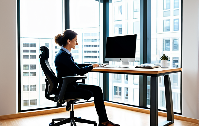 에르고노믹 가구의 인체공학적 이론 - Ergonomic Workspace**
"A bright, modern office space featuring a fully adjustable ergonomic chair a...