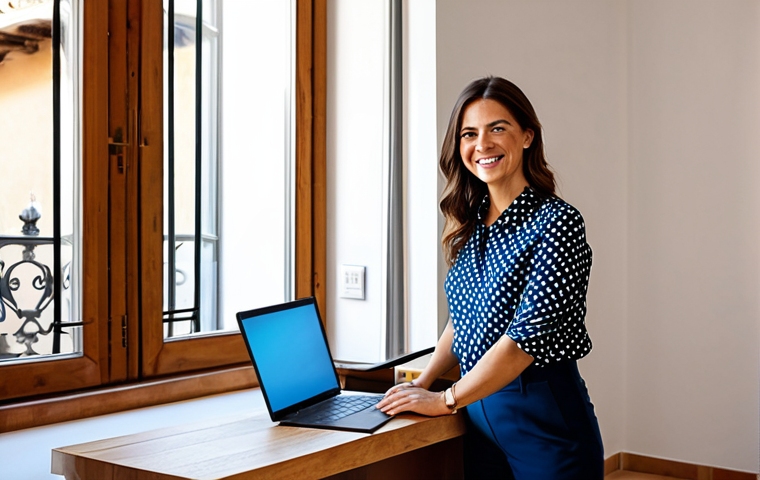 에르고노믹 가구의 사용 패턴 분석 - ** A bright, modern home office in Italy. A woman in her 30s, fully clothed in stylish, casual-profe...