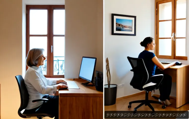 Home 11 에르고노믹 가구에 대한 잘못된 정보 바로잡기 - Photorealistic Italian home office, side-by-side comparison of a woman in her 50s seated with poor p...
