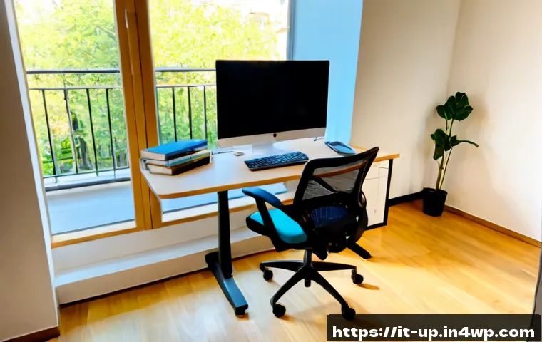 에르고노믹 가구의 해외 사례 - Photorealistic bright Milan apartment workspace showcasing ergonomic furniture, an adjustable mesh o...